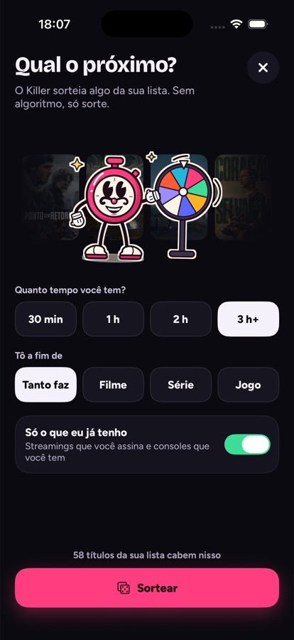 Tela Qual o próximo? com tempo disponível, tipo e o botão Sortear